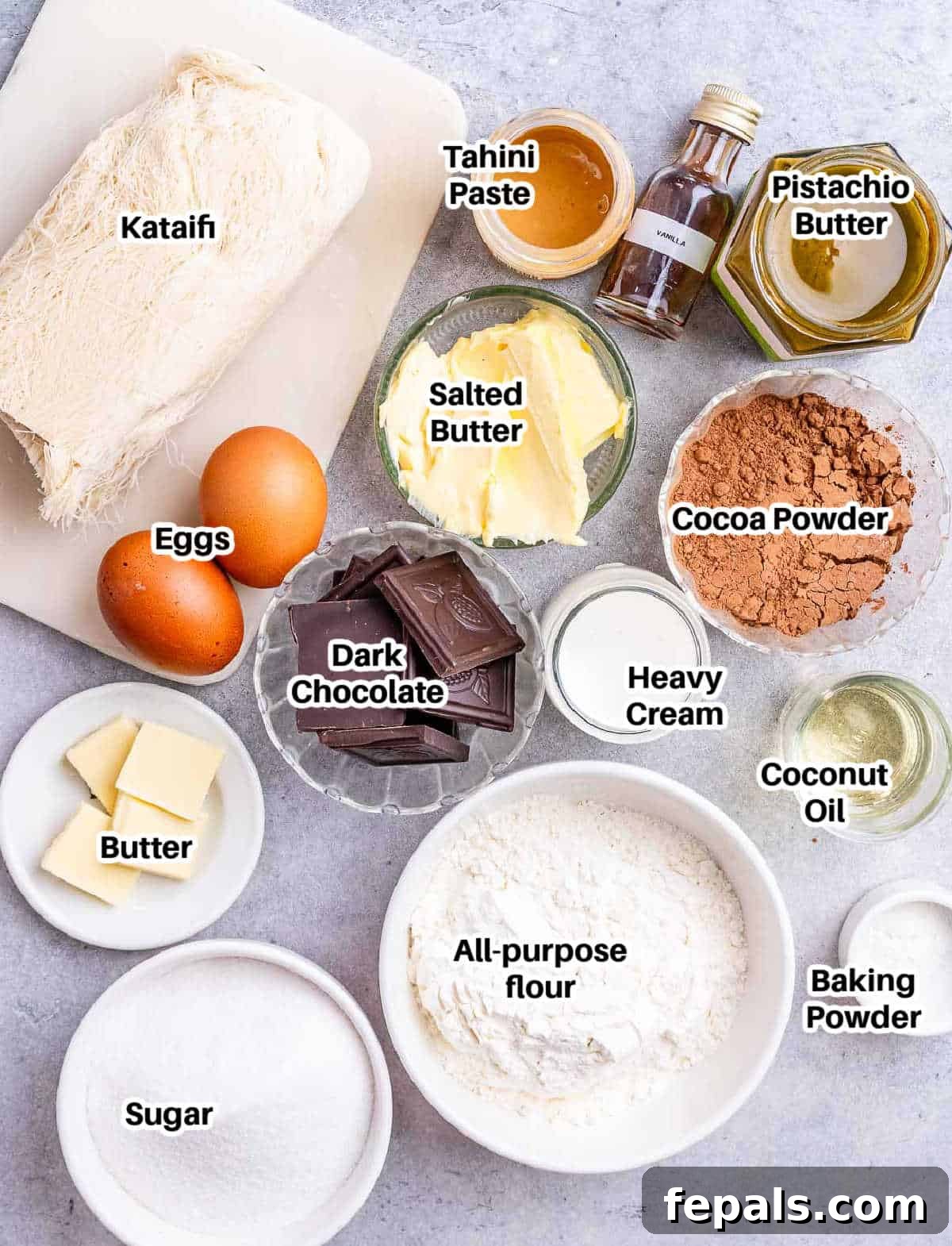 ingredients to make Dubai chocolate brownies.