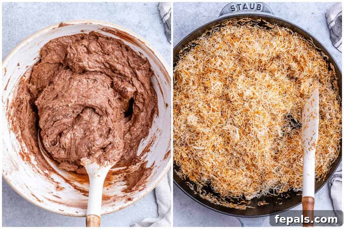process shot to make the brownie base and toasting the kataifi.