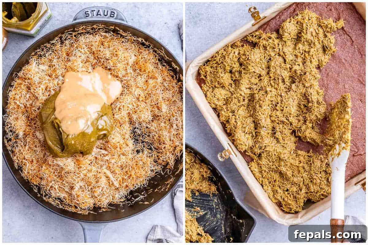 process shot to make the kataifi filling and add it over the baked brownie.