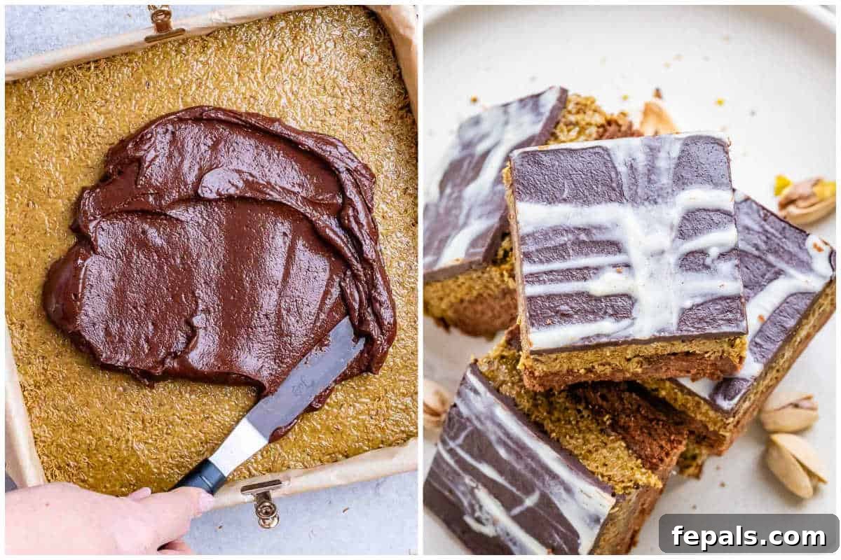 process shot to adding ganache over the filling on brownies and then cutting the brownies into squares.