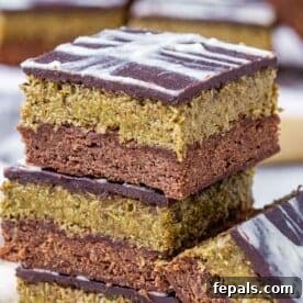 Dubai Brownie squares stacked over each other.