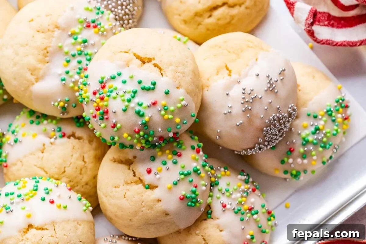 Sweet Italian Christmas Delights 2 Close-up of fluffy Italian Christmas Cookies covered in white glaze and rainbow sprinkles, arranged next to a red and white striped napkin.