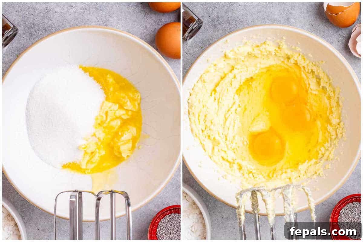 Sweet Italian Christmas Delights 4 Process shot showing a whisk combining eggs with creamed butter and sugar in a mixing bowl.