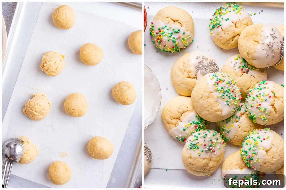 Sweet Italian Christmas Delights 6 Process shot of round cookie dough balls baking on a parchment-lined sheet pan in the oven.