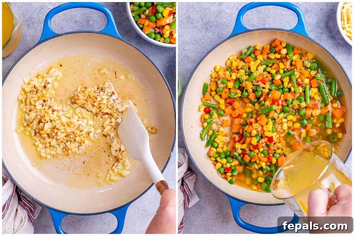 Vibrant Veggie Mac 4 Process shot showing a large skillet on a stovetop with diced onions sautéing, followed by the addition of frozen mixed vegetables and minced garlic.