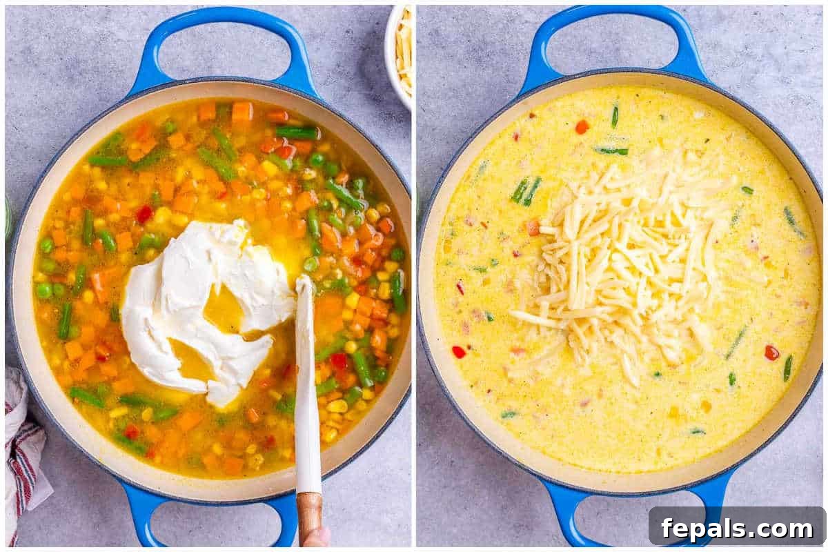 Vibrant Veggie Mac 5 Process shot showing cream cheese being stirred into the sautéed vegetables and broth in a skillet, creating a smooth, creamy sauce.