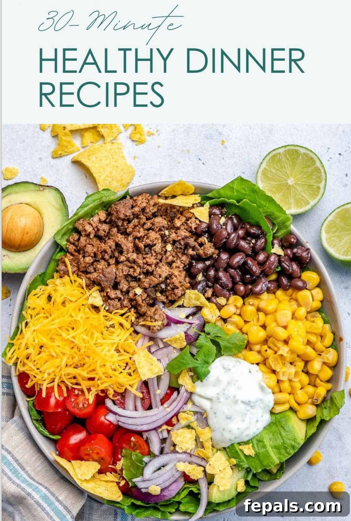 Vibrant Veggie Mac 8 An ebook cover featuring a vibrant taco salad bowl, promoting 20 top 30-minute family-friendly healthy dinner recipes.