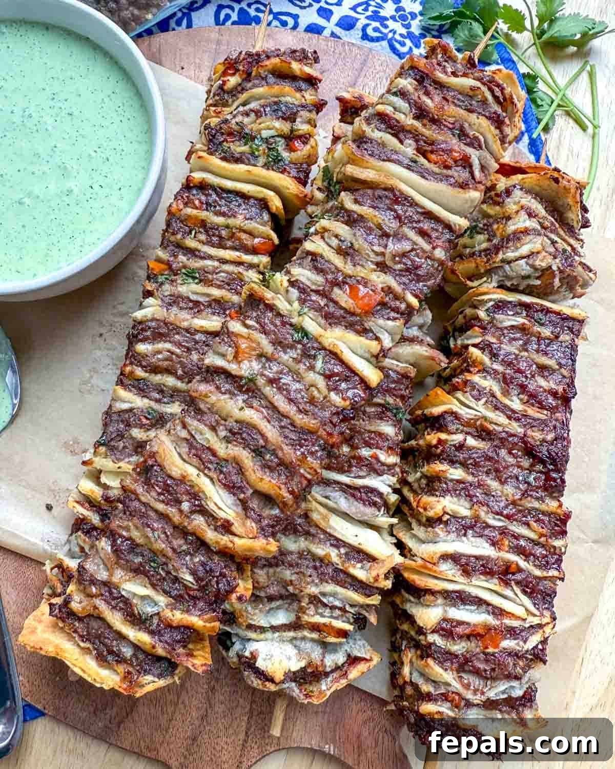 tortilla kebab skewers on a cutting board, garnished with fresh herbs.