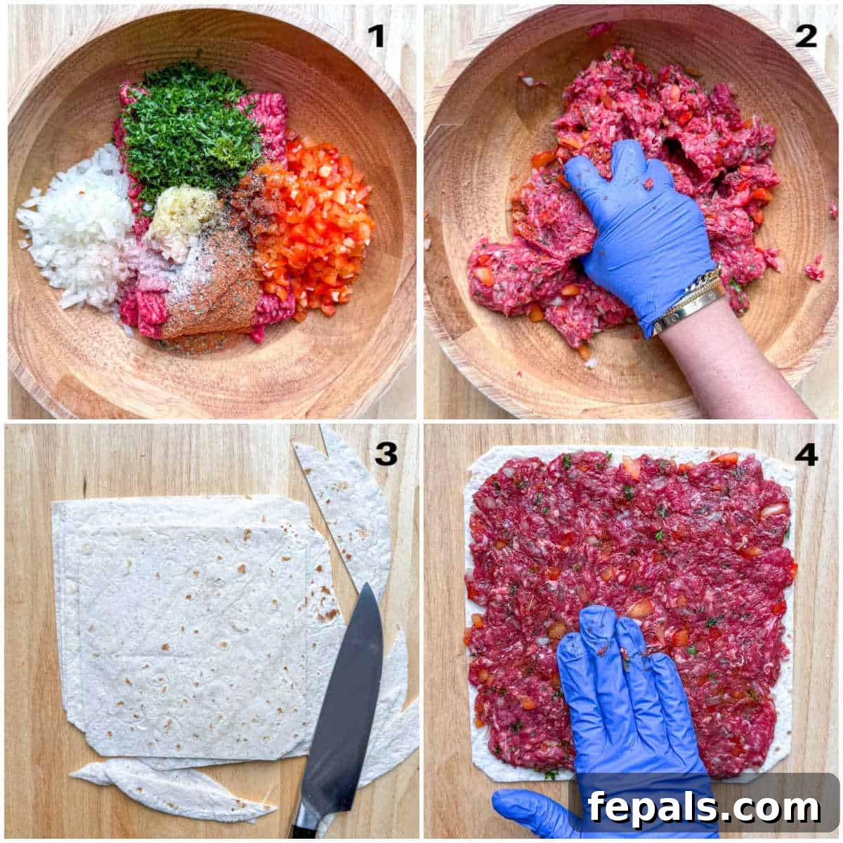 process image showing preparing the meat and spreading it over tortilla.