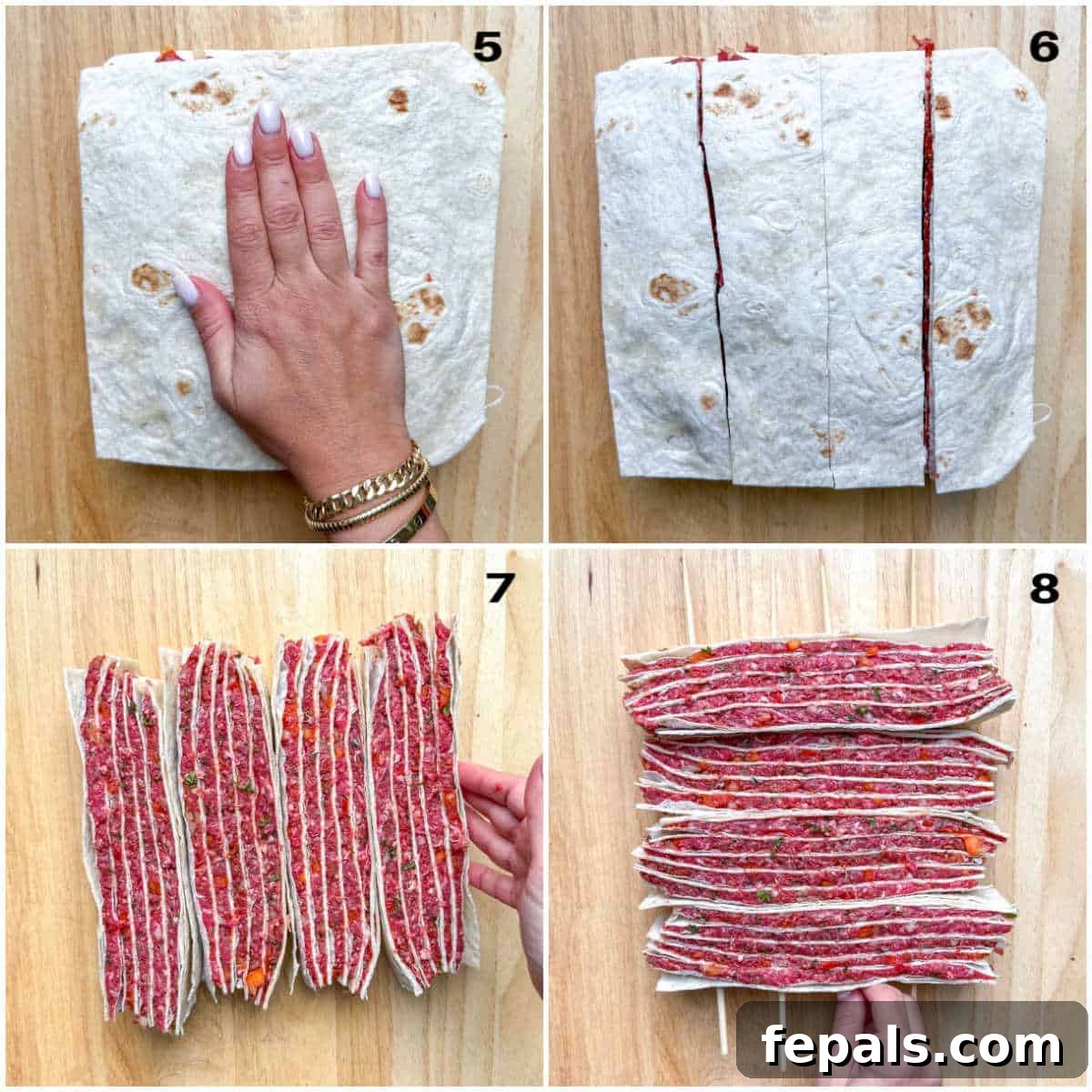 process shot showing slicing the stacked tortillas with seasoned beef.