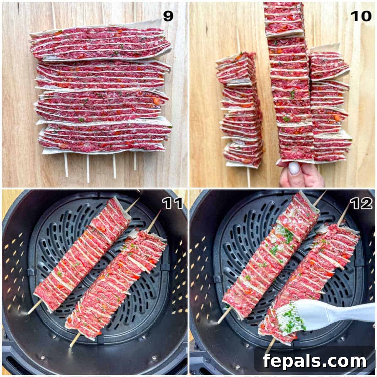 process shot showing adding the tortilla kebabs on a skewer and placing it in the air fryer.