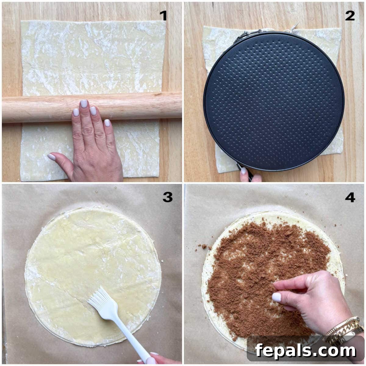 A visual guide showing the process of spreading puff pastry, cutting it into a circle, and adding the cinnamon brown sugar filling.