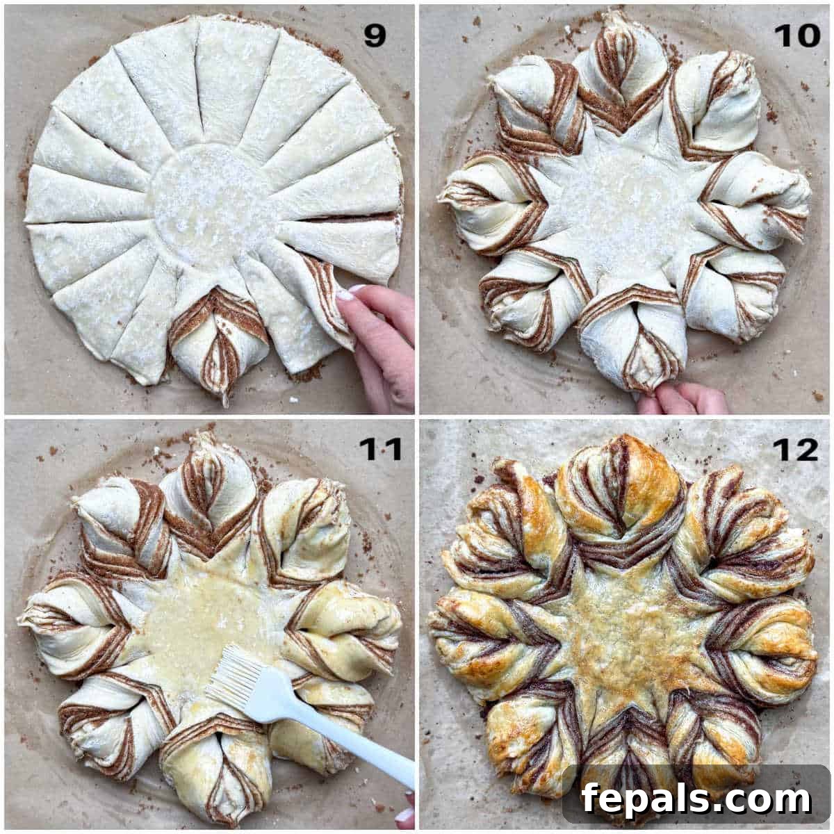 Process shots demonstrating the twisting of puff pastry strands, applying egg wash, and the pastry baking in the oven.