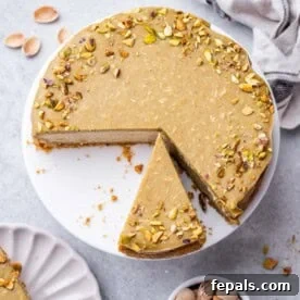 A creamy Pistachio Cheesecake slice on a plate, garnished and ready to serve.
