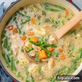 An inviting top-down view of creamy chicken and gnocchi soup nestled in a vibrant red pot, promising warmth and flavor.