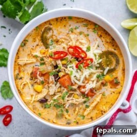 A vibrant top-down view of creamy chicken tortilla soup artfully arranged in a round white bowl, ready to be garnished.