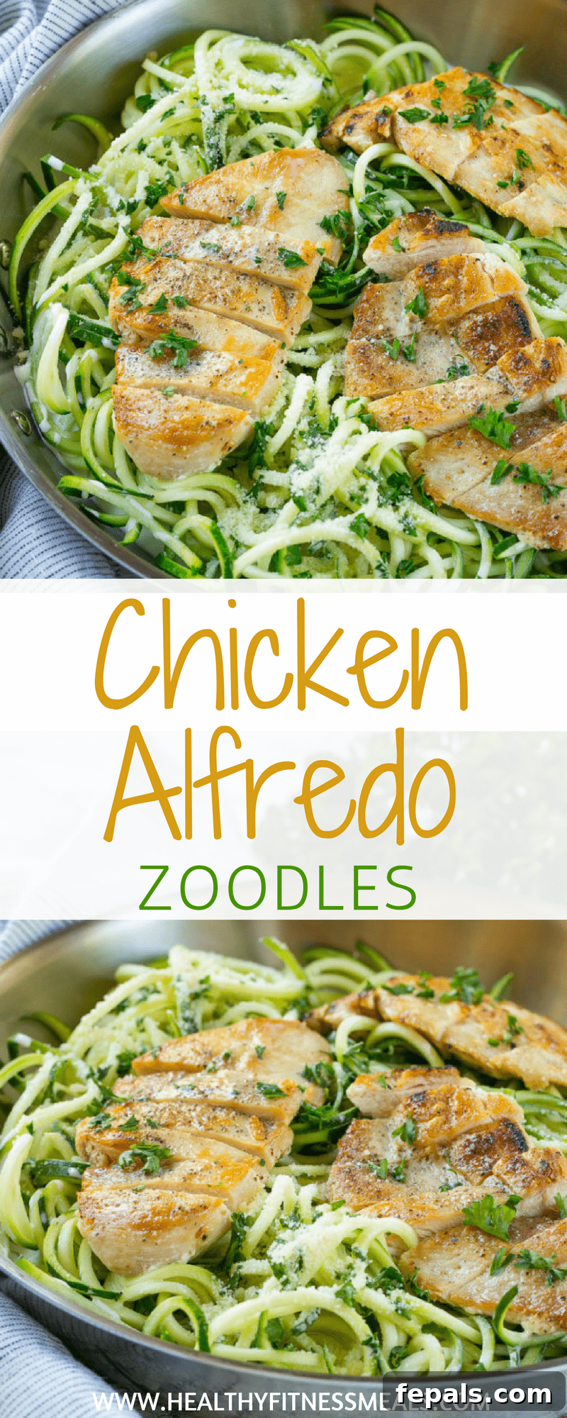 Light and Healthy Creamy Chicken Alfredo Full pan of healthy chicken alfredo zoodles with generous portions of chicken and a creamy sauce, ready to be divided.