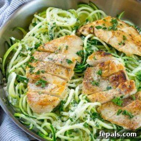 zoodles in pan with chicken for alfredo dish