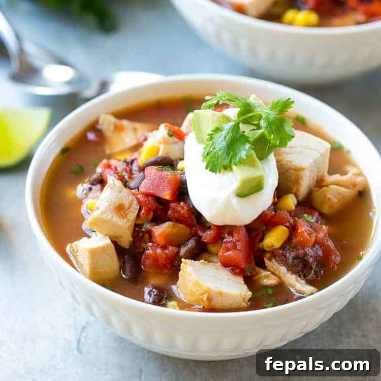 close up white bowl of Mexican chicken soup topped with a small amount of sour cream and fresh cilantrp