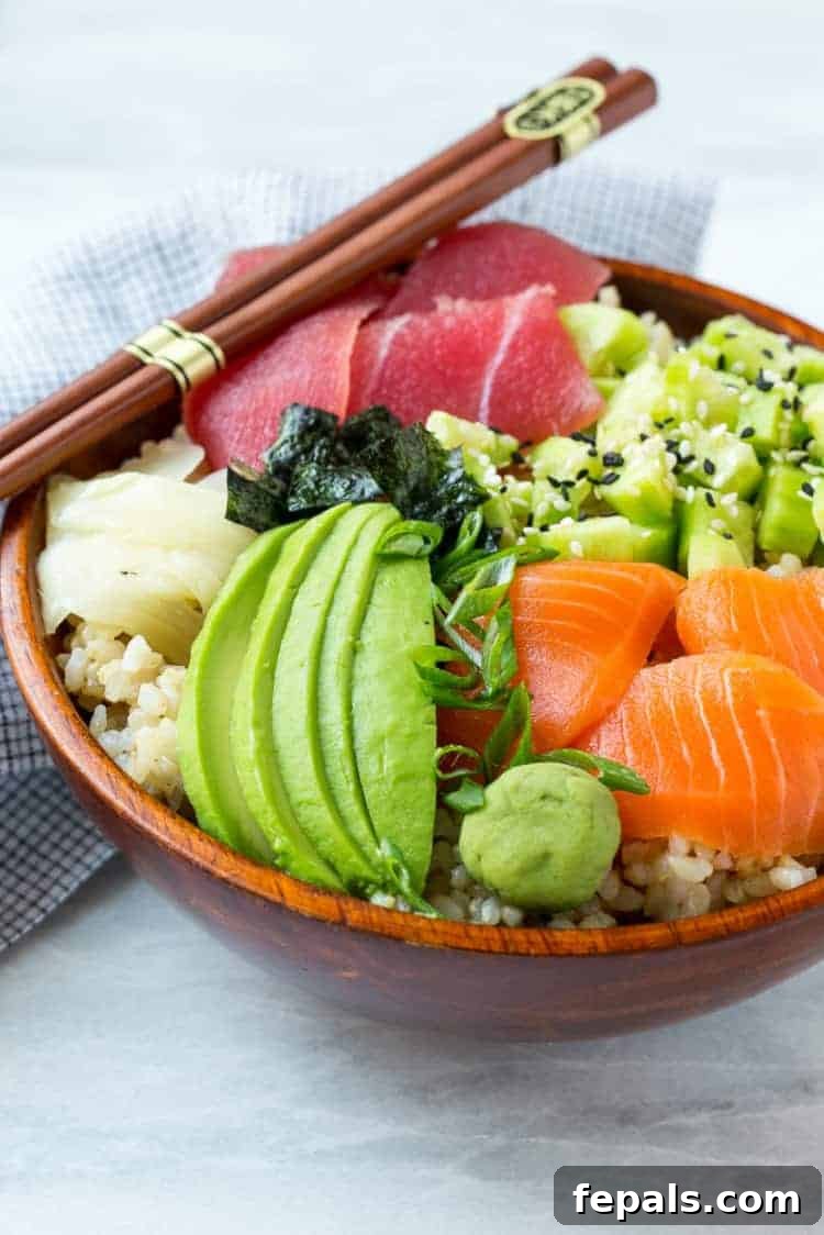 deconstructed sushi recipe A vibrant and simple Asian sushi recipe presented in a rustic wooden bowl, showcasing a medley of fresh ingredients.