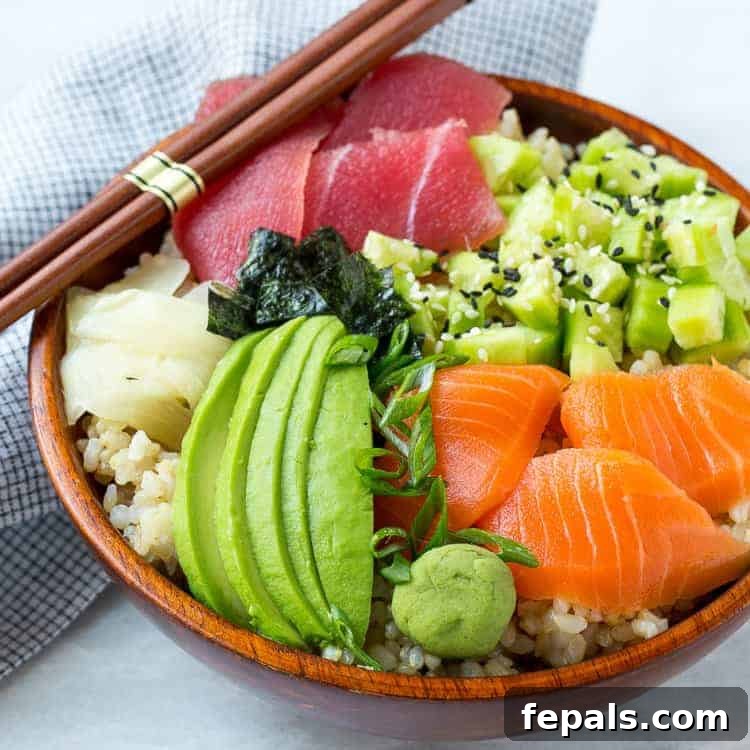 Poke Sushi Bowl Recipe A vibrant sushi rice bowl generously topped with an assortment of fresh vegetables and seafood, showcasing a healthy and delicious meal.