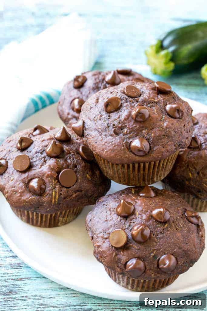 Close-up shot of several chocolate muffins stacked on a white plate, with visible chocolate chips and a moist crumb.