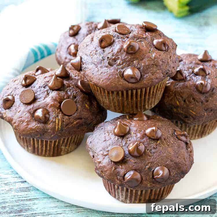 Close-up overhead shot of healthy chocolate zucchini muffins on a white plate, garnished with a sprinkle of cocoa powder.