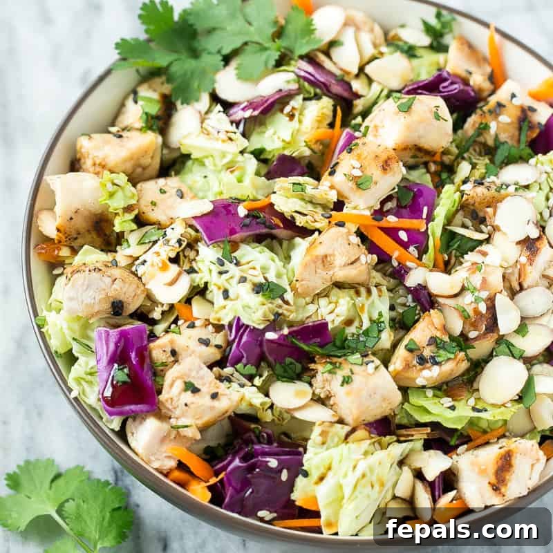 Easy Asian Chicken Chopped Salad Recipe (Crunchy) top view salad in bowl