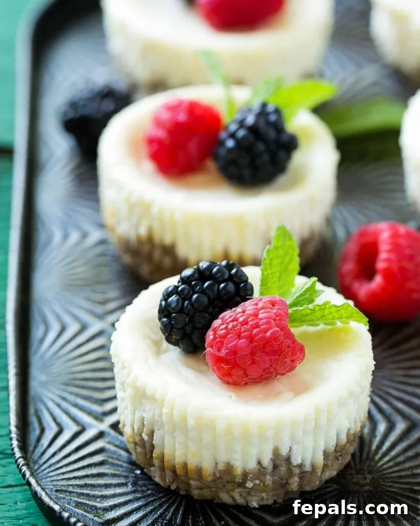 side shot of 3 mini healthy cheesecake bites on a pan topped with one raspberry and one blackberry 