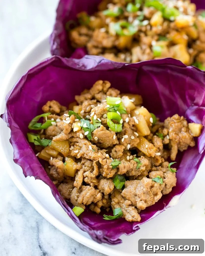 Two vibrant purple cabbage leaves generously filled with savory Asian ground chicken, garnished with thinly sliced green onions and a sprinkle of sesame seeds, presented on a clean white plate.