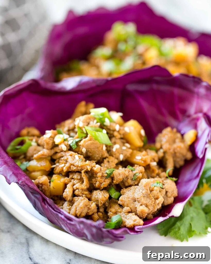 A single purple cabbage leaf holds a generous serving of cooked Asian ground chicken, topped with fresh green onions, resting elegantly on a white plate, ready to be enjoyed.