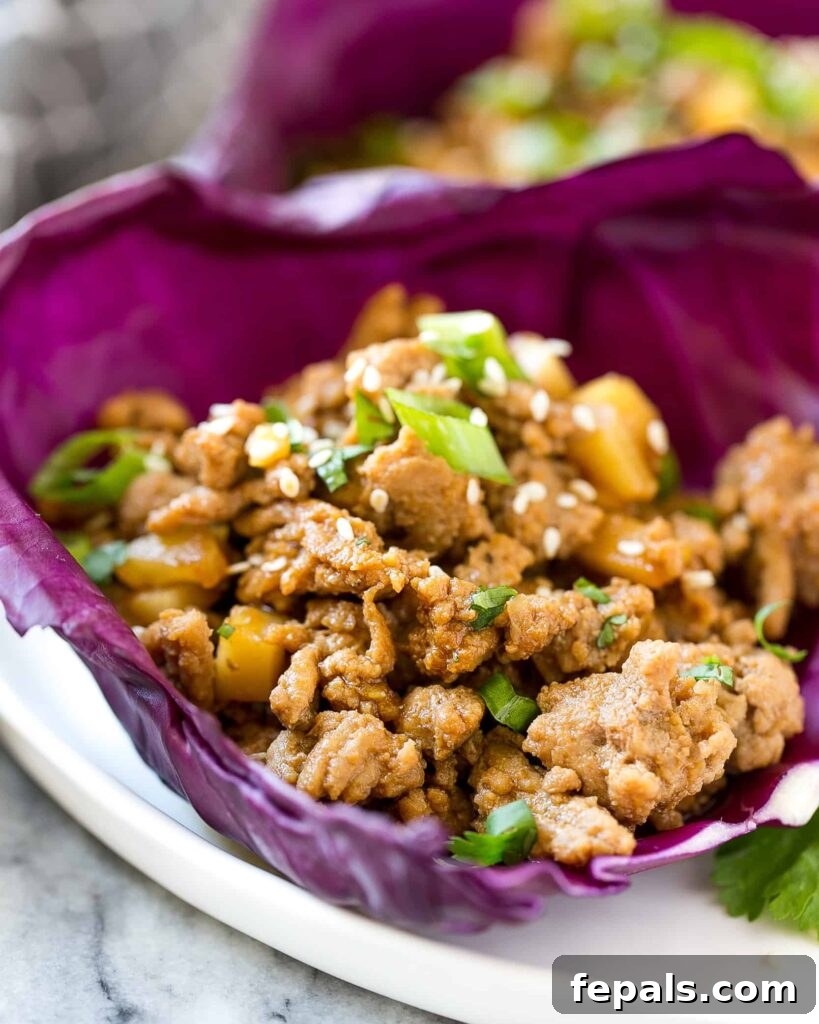Savory cooked Asian ground chicken filling nestled inside a vibrant purple cabbage wrap, ready for a healthy and delicious meal.