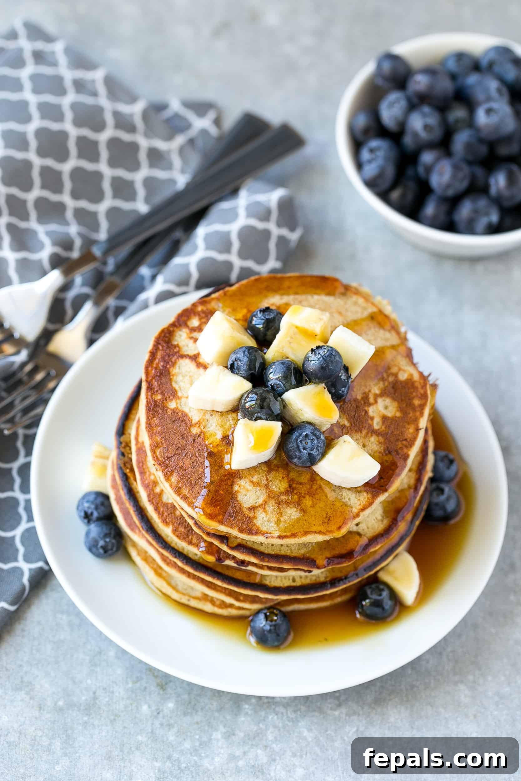 Sunrise Blueberry Banana Stacks 3 healthy pancakes