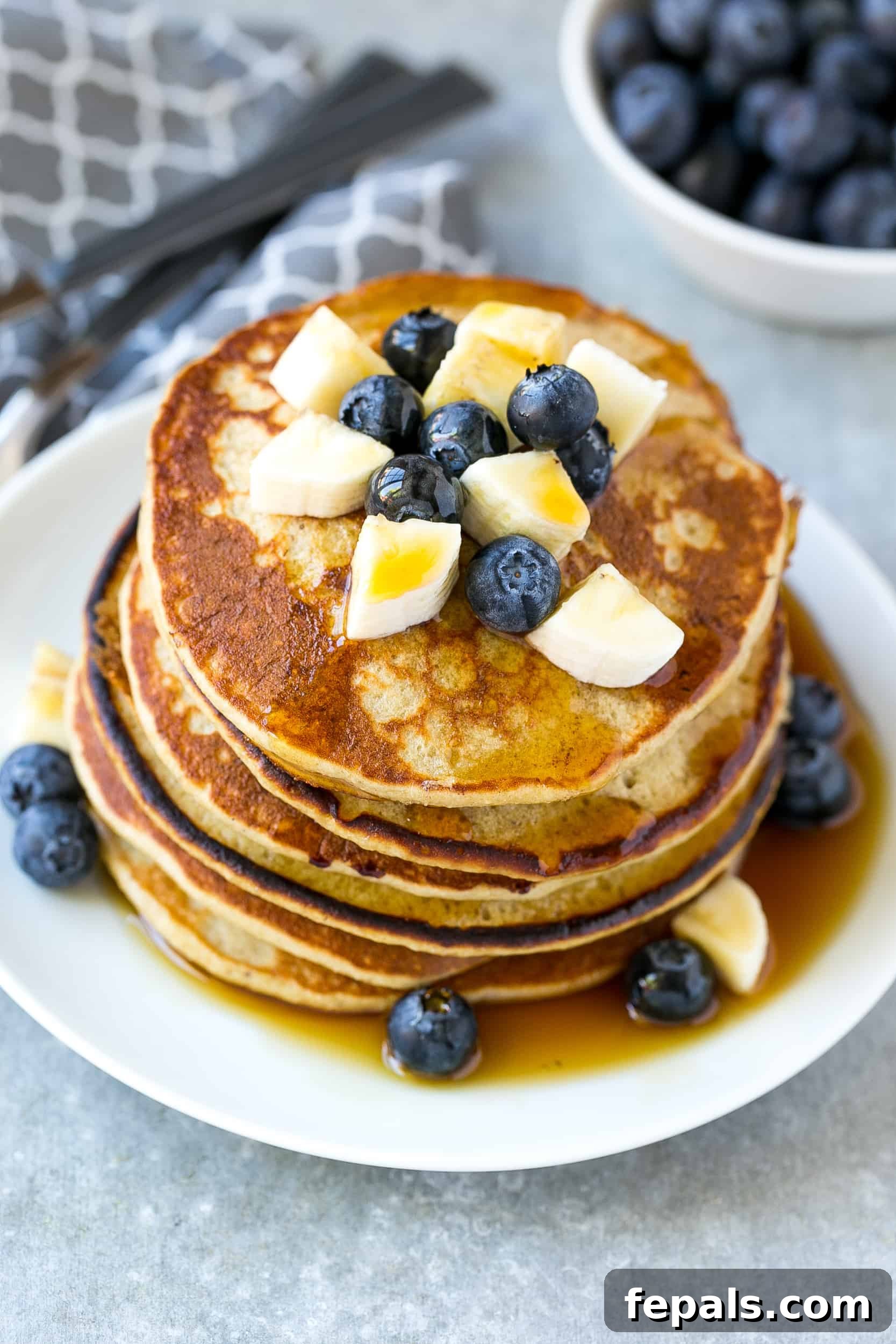 Sunrise Blueberry Banana Stacks 5 banana pancakes