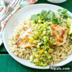 Grilled Chicken breast over cooked quinoa topped with Pineapple-Cucumber Salsa.