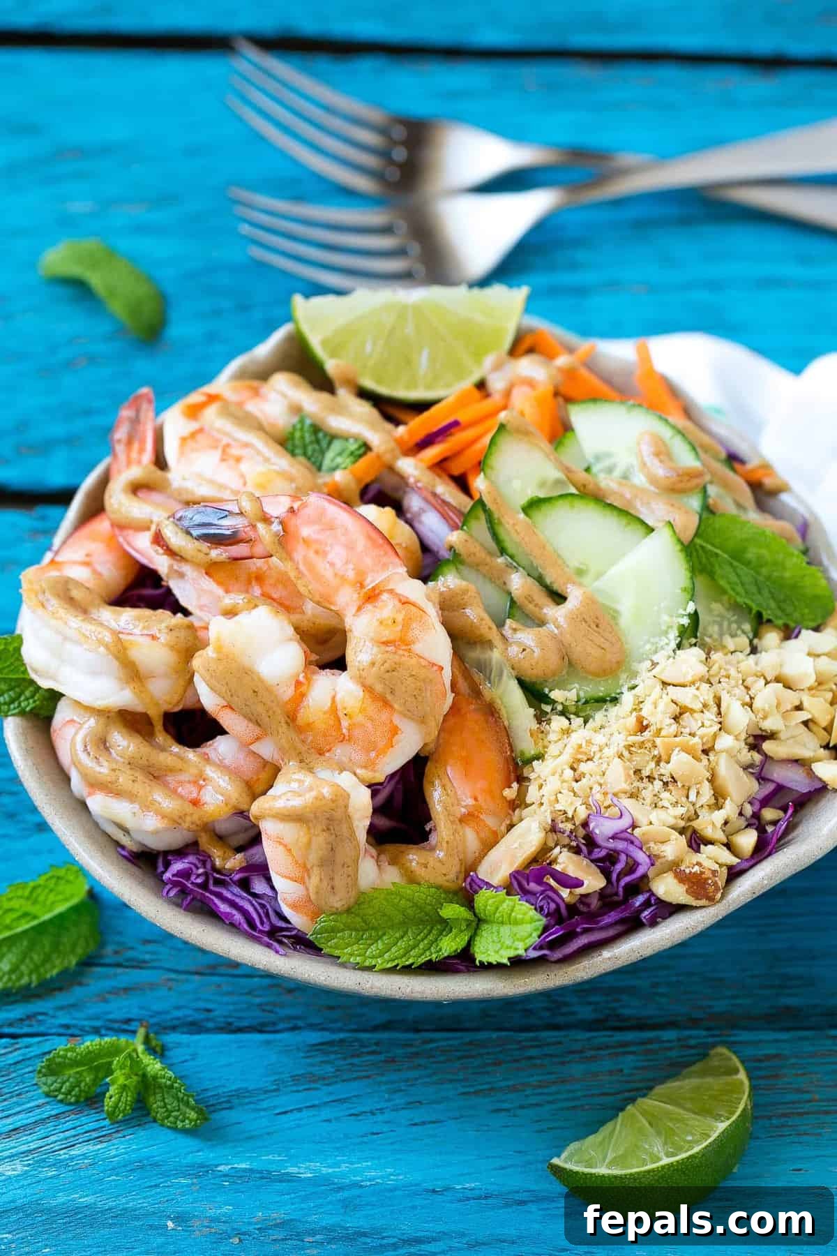 Asian Peanut Shrimp Salad 2 Shrimp Salad with Peanut Dressing in a bowl, showcasing fresh ingredients and a rich sauce.