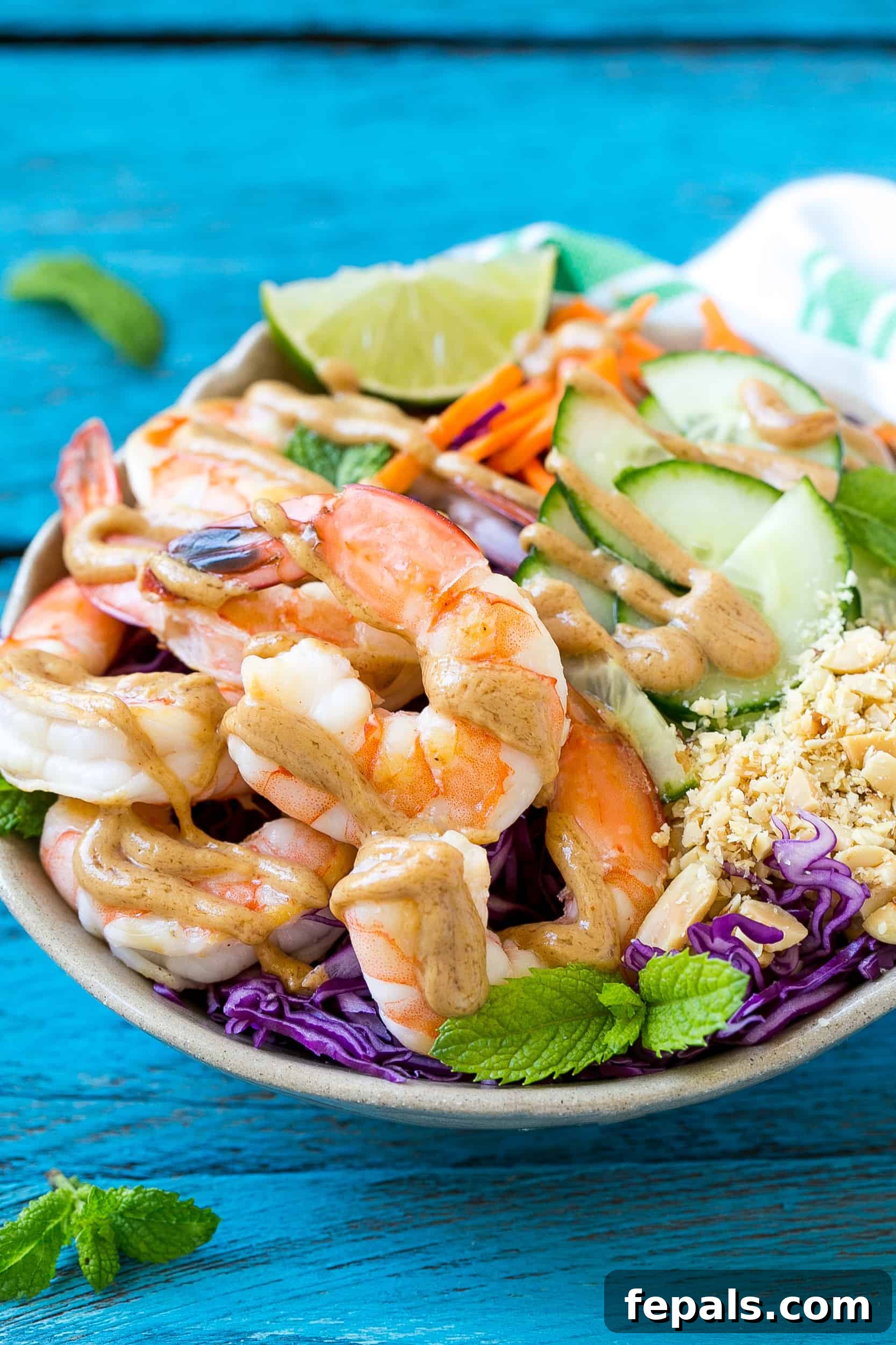 Asian Peanut Shrimp Salad 4 Close-up shot of a healthy and easy shrimp salad recipe in a white bowl, garnished with mint.