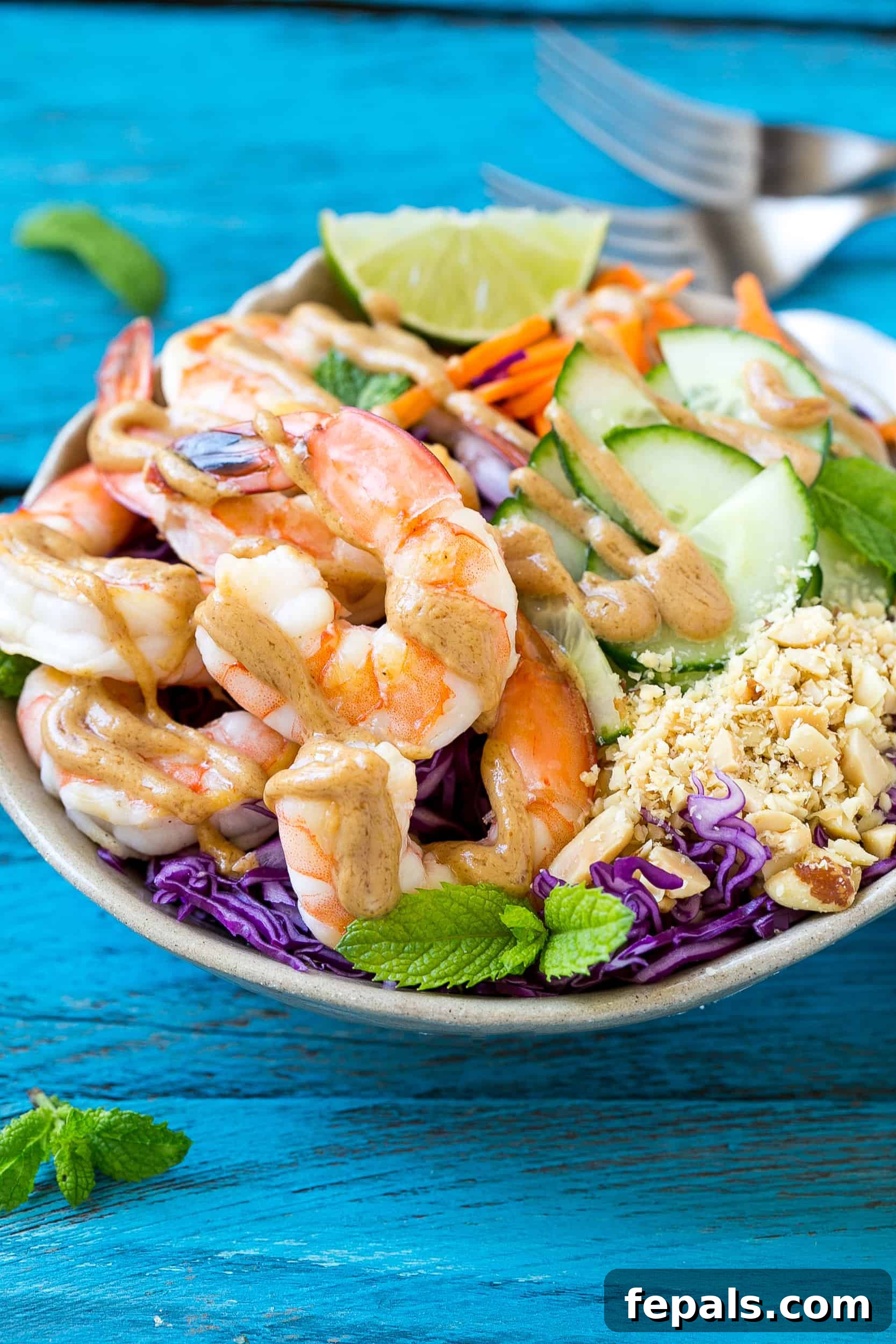 Asian Peanut Shrimp Salad 5 Healthy shrimp salad recipe with Asian peanut sauce dressing in a large white bowl.