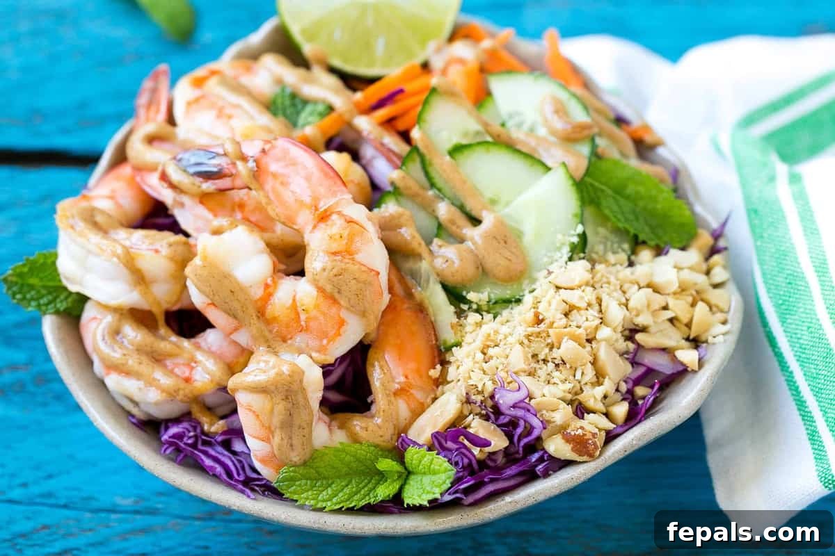 Asian Peanut Shrimp Salad 6 Easy shrimp recipe in a bowl with peanut dressing.