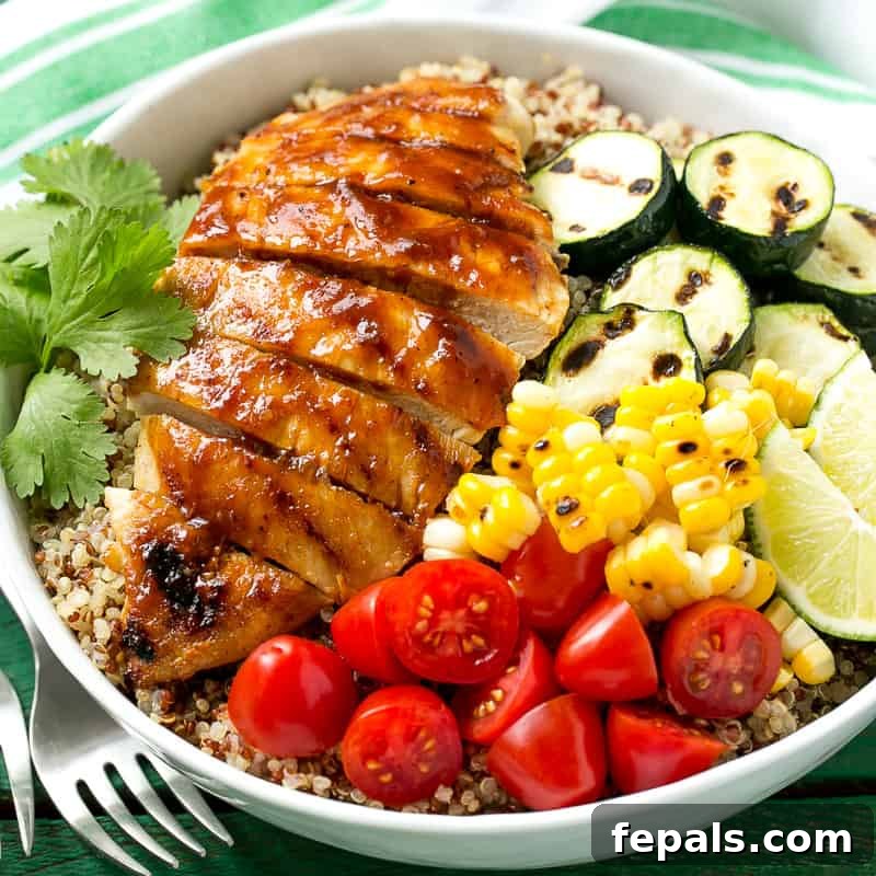 Simple Grilled BBQ Chicken Quinoa Bowl BBQ chicken bowl with fresh vegetables