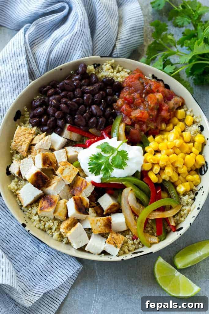 Flavorful Mexican Grilled Chicken Quinoa Bowl with fresh ingredients