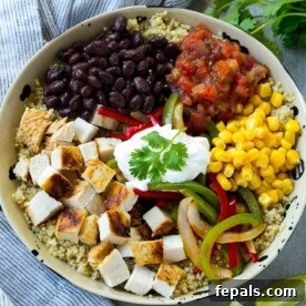 Mexican grilled Chicken with Quinoa and beans in a Bowl