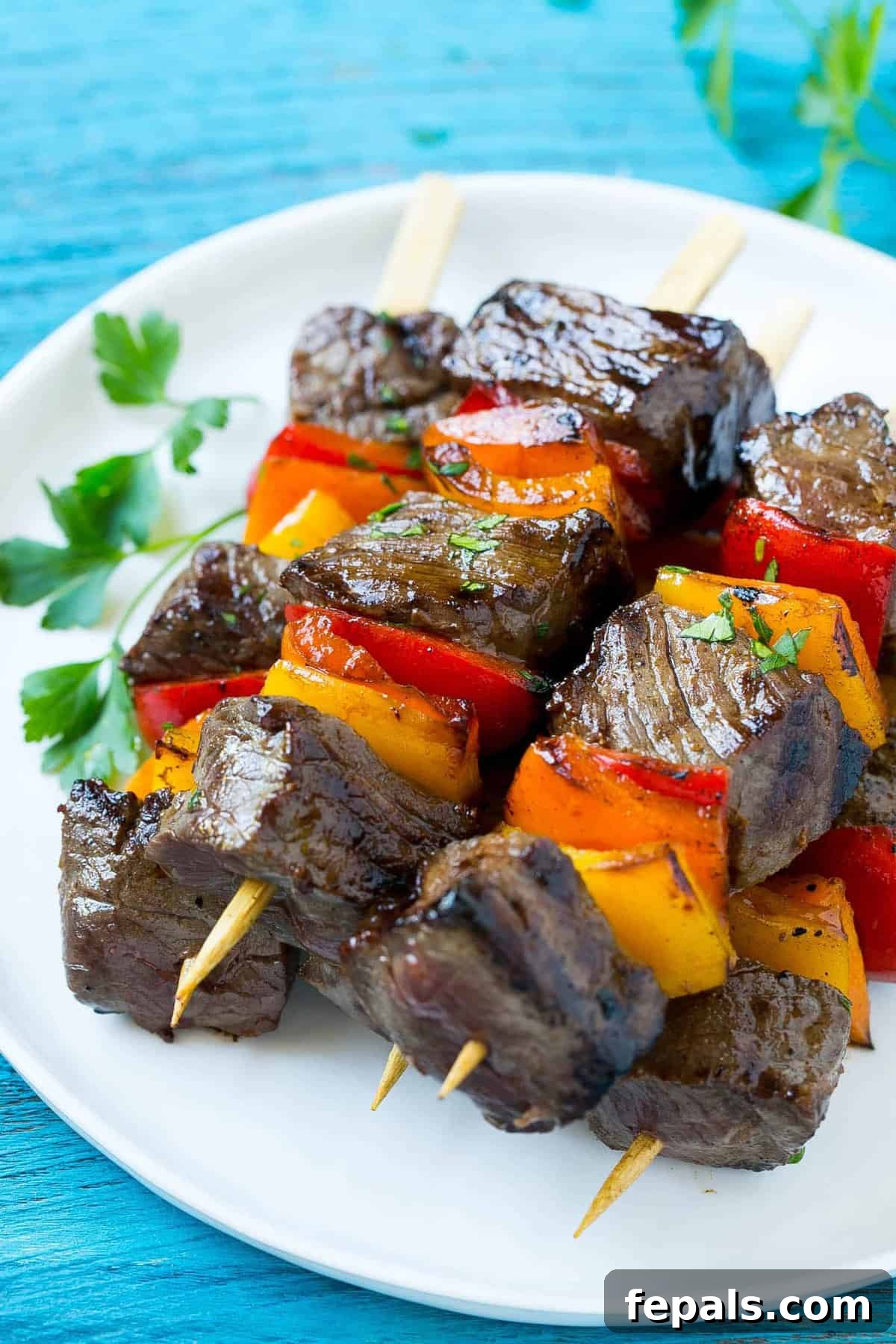 Grilled Steak Kabobs with Perfect Char Grilled beef kabobs with bell peppers, close-up showing delicious char marks.