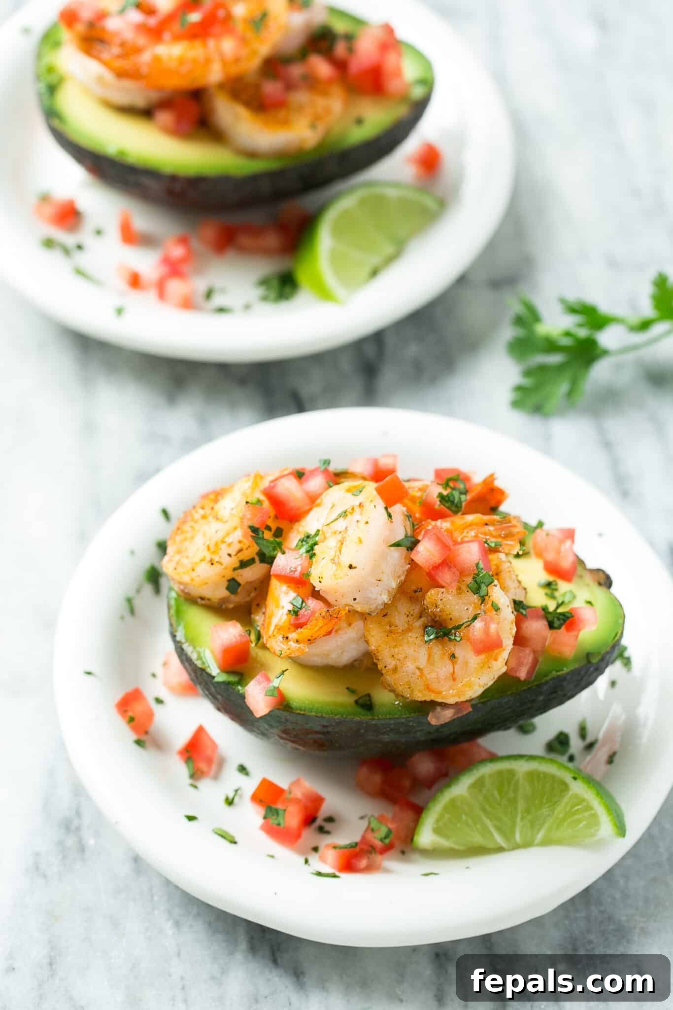 Zesty Shrimp Avocado Boats 2 Delicious Shrimp Stuffed Avocado halves, ready to eat