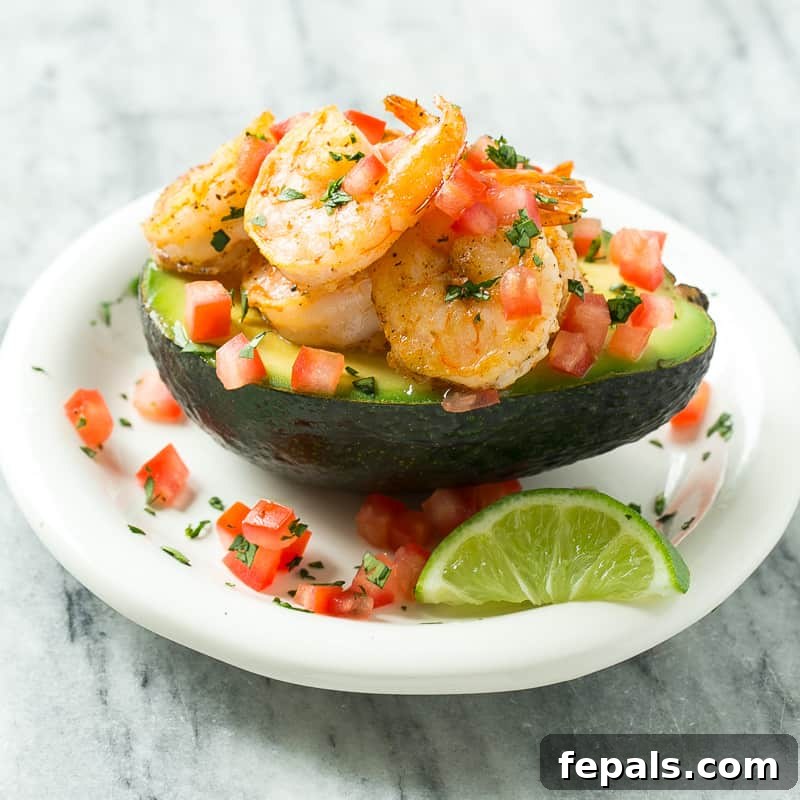 Zesty Shrimp Avocado Boats 7 Another view of the easy stuffed avocado recipe, showing freshness