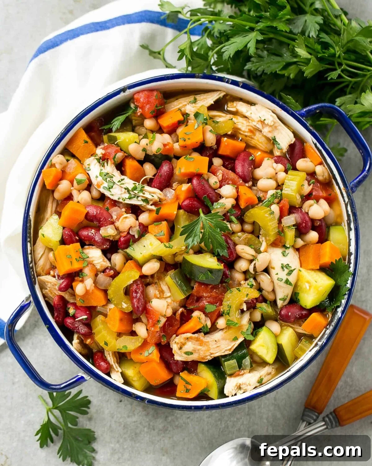 A blue and white pot, brimming with colorful Italian chicken, beans, and vegetable soup.