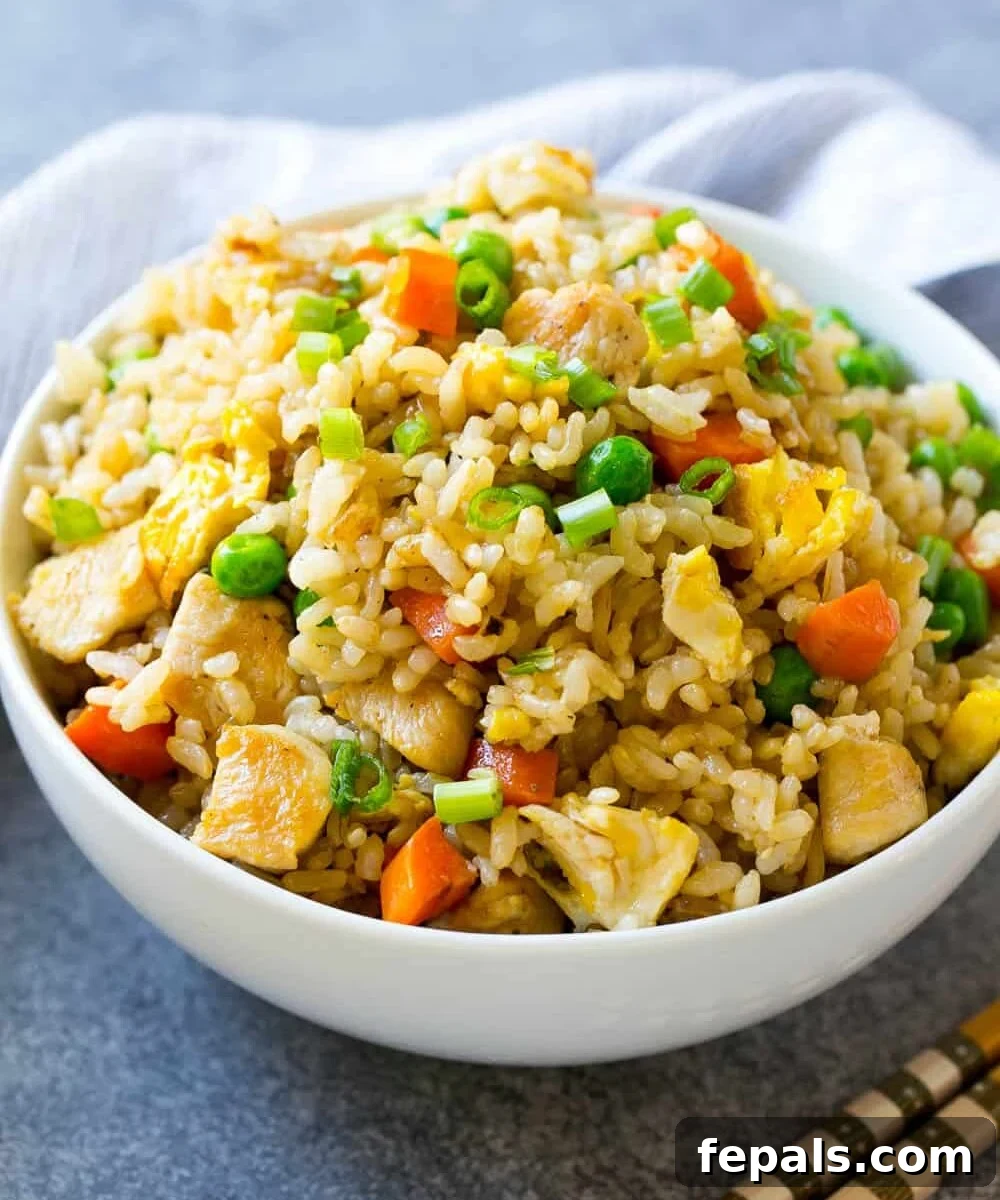 Classic Homemade Chicken Fried Rice 2 Delicious chicken fried rice served in a round white bowl, ready to eat.
