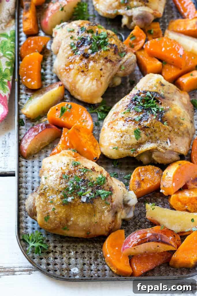 Golden-brown roasted chicken thighs with maple glazed sweet potatoes and caramelized apples on a sheet pan, ready to serve