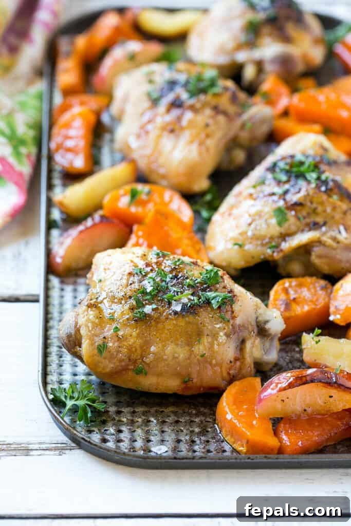 Another perspective of the roasted chicken thighs, sweet potatoes, and apples on the sheet pan