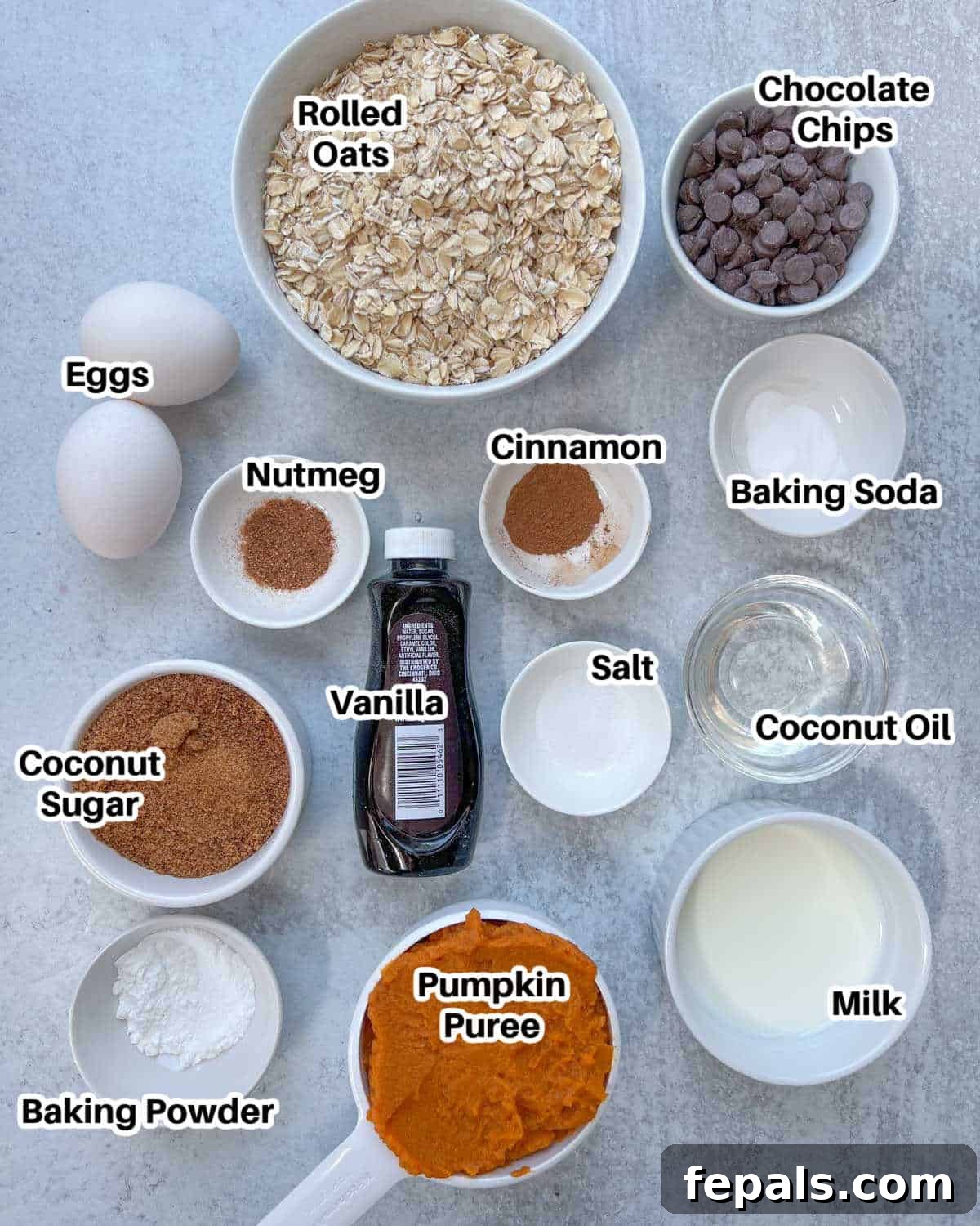 A beautiful arrangement of fresh ingredients needed to make healthy pumpkin muffins, including pumpkin puree, eggs, spices, and chocolate chips.